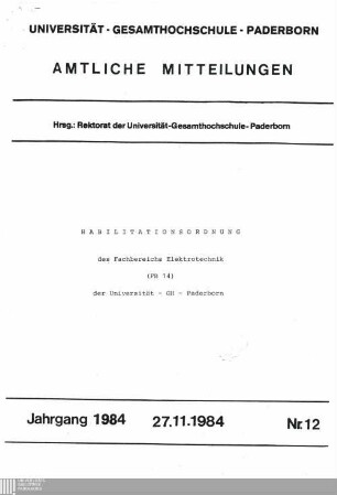 Habilitationsordnung des Fachbereichs Elektrotechnik (FB 14) der Universität - GH - Paderborn : 27.11.1984