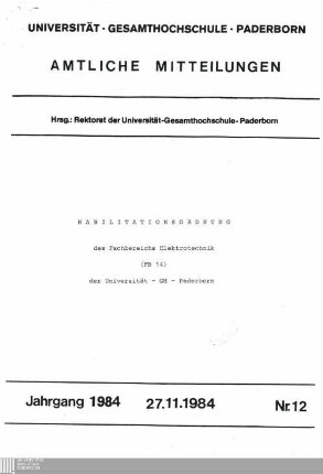 Habilitationsordnung des Fachbereichs Elektrotechnik (FB 14) der Universität - GH - Paderborn : 27.11.1984