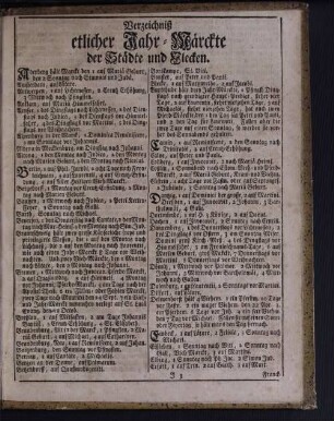 Verzeichniß etlicher Jahr-Märckte der Städte und Flecken.