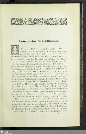 I. Bericht des Schriftführers