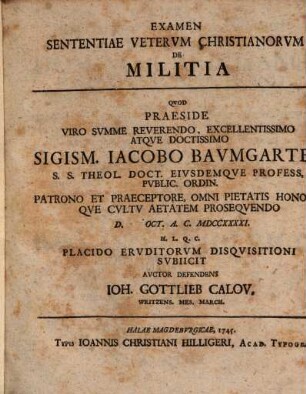Examen Sententiae Vetervm Christianorvm De Militia
