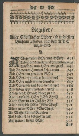 Register/ Aller Christlichen lieder/ so in diesem Büchlein zu finden/ nach dem ABC eingerichtet