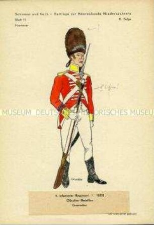 Uniformdarstellung, Grenadier des 5. Infanterie-Regiments, Kurfürstentum Hannover, 1800.