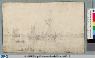 Flusslandschaft mit drei Segelbooten und einem Ruderboot