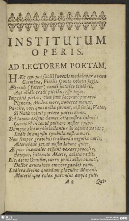 Institutum Operis. Ad Lectorem Poetam