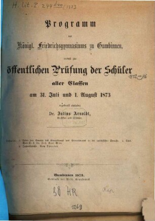 Programm des Königl. Friedrichsgymnasiums zu Gumbinnen : für das Schuljahr .., 1872/73