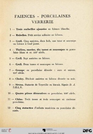 Faiences - Porcelaines - Verrerie (Nr. 1-33)