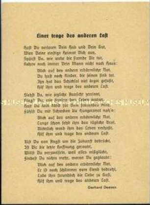 Postkarte der ökumenischen Flüchtlingshilfe, mit Gedicht