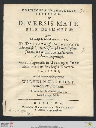 Positiones Inaugurales Iuridicae, ex Diversis Materiis Desumptae