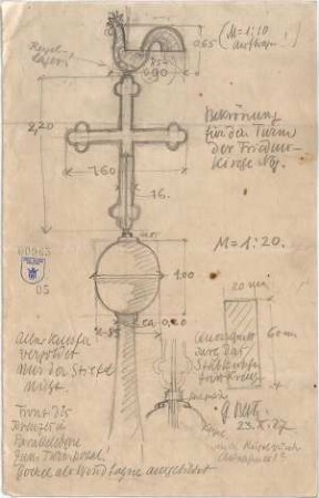 Bestelmeyer, German; Nürnberg (Bayern); Ev. Friedenskirche St. Johannes - Mappe 2: Turm, Kreuz mit Hahn (Ansicht; Detail)