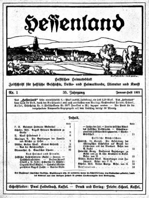 35.1921: Hessenland : hessisches Heimatblatt ; Zeitschrift für hessische Geschichte, Volks-und Heimatkunde, Literatur und Kunst