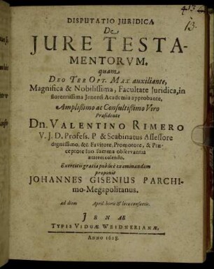 Disputatio Iuridica De Iure Testamentorum