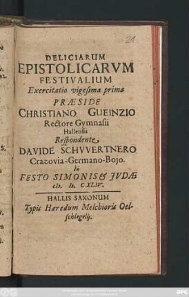 Deliciarum Epistolicarum Festivalium Exercitatio vigesima prima
