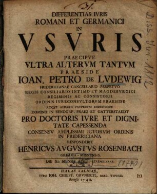 Differentias Ivris Romani Et Germanici In Vsvris Praecipve Vltra Altervm Tantvm