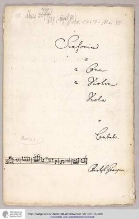 Sinfonia / a / 2 Corn / 2 Violin / Viola / e / Cembalo. / [Incipit] / Christoph Graupner.
