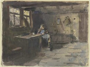 Alter sitzender Mann in einfachem Wohnraum lesend