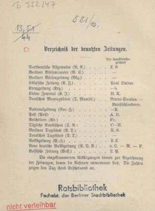 Verzeichniß der benutzten Zeitungen