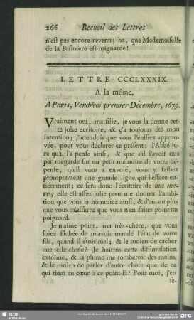 Lettre CCCLXXXIX. A la même. A Paris, Vendredi premier Décembre, 1679
