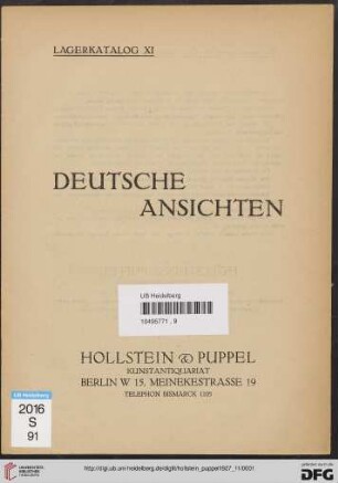 Nr. 11: Lagerkatalog / Hollstein & Puppel, Kunstantiquariat: Deutsche Ansichten