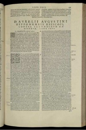 Divi Avrelii Avgvstini Hipponensis Episcopi, contra Secvndinvm Manichævm, Liber vnvs