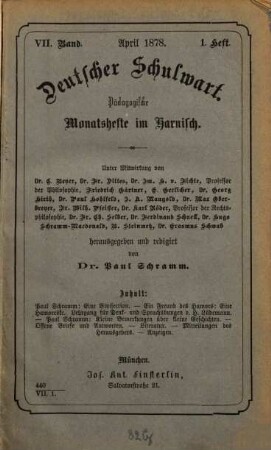 Deutscher Schulwart : pädagogische Monatshefte im Harnisch, 7. 1878