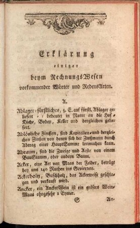 Erklärung einiger beym RechnungsWesen vorkommender Wörter und RedensArten.