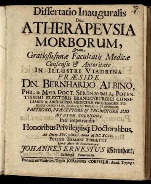 Dissertatio Inauguralis De Atherapeusia Morborum