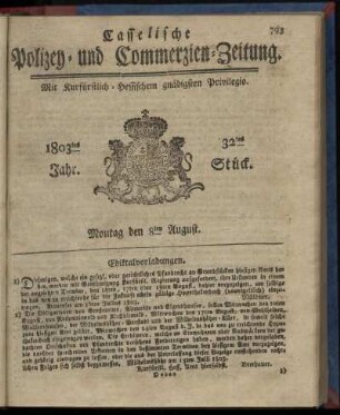 32tes Stueck, Montag den 8ten August 1803