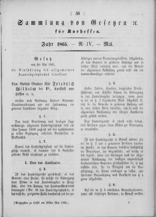 Sammlung von Gesetzen für Kurhessen. Jahr 1865. - Nr. IV. Mai.