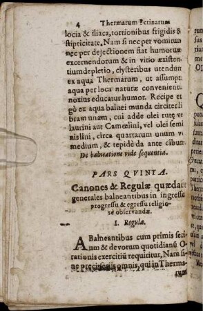 Pars Quinta. Canones & Regulae quaedam generales balneantibus in ingressu progressu & egressu religiose observandae