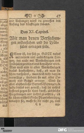 Das XI. Capitel. Wie man denen Versuchungen widerstehen und die Trübsalen ertragen solle.