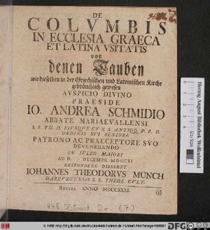 De Colvmbis In Ecclesia Graeca Et Latina Vsitatis