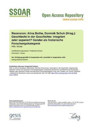 Rezension: Alina Bothe, Dominik Schuh (Hrsg.): Geschlecht in der Geschichte: integriert oder separiert? Gender als historische Forschungskategorie