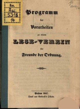 Programm der Vorarbeiten zu einem Lese-Verein für Freunde der Ordnung