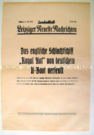 Sonderblatt der "Leipziger Neuesten Nachrichten" zur Versenkung des britischen Schlachtschiffes "Royal Oak"