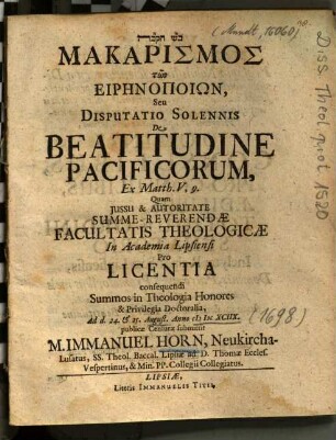 Makarismos Tōn Eirēnopoiōn, Seu Disputatio Solennis De Beatitudine Pacificorum, Ex Matth. V, 9
