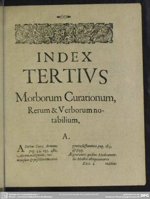 Index Tertius Morborum Curationum, Rerum & Verborum notabilium