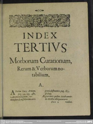 Index Tertius Morborum Curationum, Rerum & Verborum notabilium