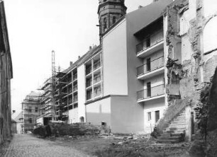 Bautzen, Siebergasse. Blick nach Nordost mit Lückenbebauung, Fleischmarkt (Westseite)