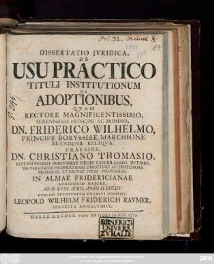 Dissertatio Jvridica, De Usu Practico Tituli Institutionum De Adoptionibus