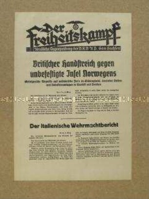 Nachrichtenblatt der Tageszeitung der NSDAP Sachsen "Der Freiheitskampf" mit Kurzmeldungen von verschiedenen Kriegsschauplätzen