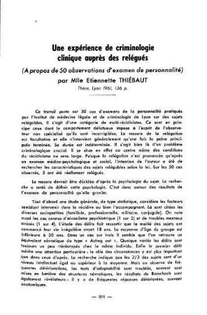 201-203, Une expérience de criminologie clinique auprès des relégués (à propos de 50 observations d'examen de personnalité), par Etiennette Thiébaut