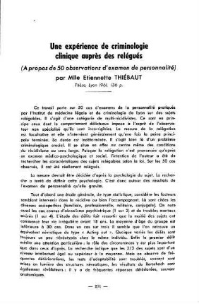 201-203, Une expérience de criminologie clinique auprès des relégués (à propos de 50 observations d'examen de personnalité), par Etiennette Thiébaut
