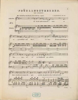 Zwei Frühlingslieder : von Moritz Hartmann ; für eine Bariton- oder Altstimme mit Begleitung des Pianoforte ; op. 165