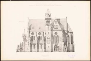 Pfarrkirche: Ansicht Längsseite (aus: C. Schäfer, Die Bauhütte, Entwürfe im Stile des Mittelalters, 3. Bd., 1895, Blatt 17)