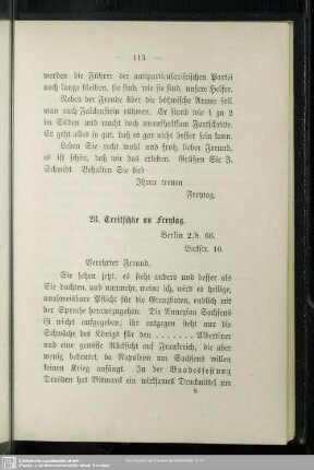 28. Treitschke an Freytag- Berlin, 2.8.66