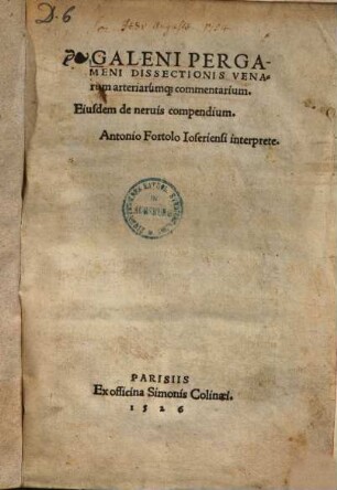 Galeni Pergameni Dissectionis venarum arteriarumque commentarium
