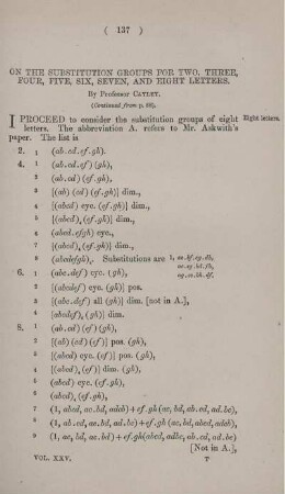 On the substitution groups for two, three, four, five, six, seven, and eight letters.