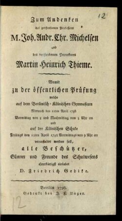 1798: Womit zur öffentlichen Prüfung in dem Berlinisch-Köllnischen Gymnasium zum Grauen Kloster ... und in der Köllnischen Schule ... gehorsamst einladet