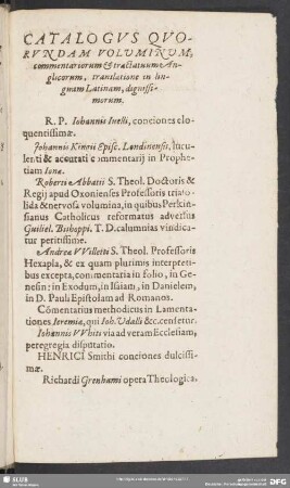 Catalogus Quorundam Voluminum, commentariorum & tractatuum Anglicorum, translatione in Linguam Latinam, dignissimorum